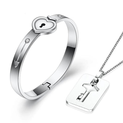 Bracelet Couple Cadenas Coeur et Collier Clé