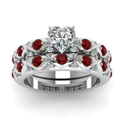 Bague Couple Coeur Pierres Rouges