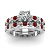 Bague Couple Coeur Pierres Rouges