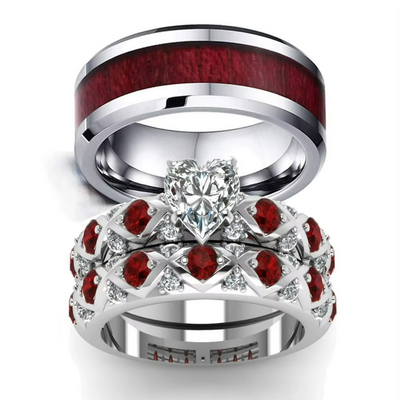 Bague Couple Coeur Pierres Rouges
