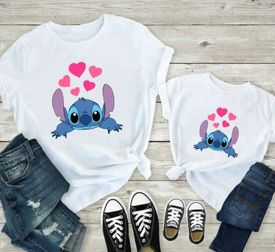 T Shirt Mère Fille Stitch Coeurs Roses
