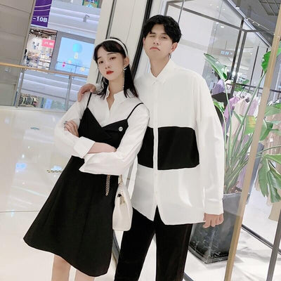 Chemise et Robe Chemise Blanc et Noir pour Couple