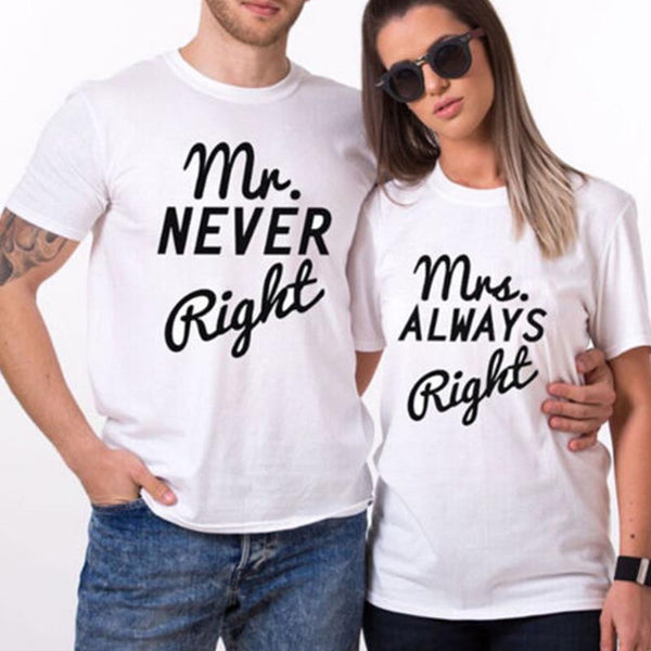 Couple T-Shirt Mr Right Mrs Always Right Blanc