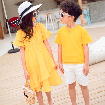 Tenue Photo Famille Fils Fille Jaune