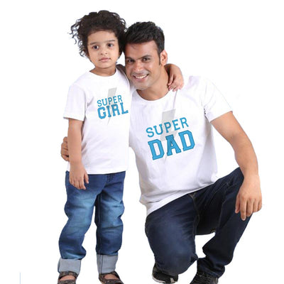 T Shirt Pere Fille Super Girl Super Dad blanc