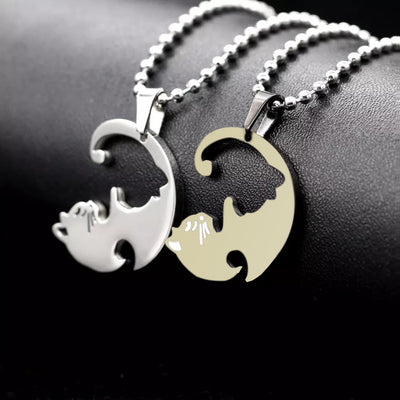 Cœur en Deux Colliers Couple Chat Or