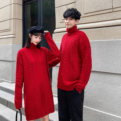 Pull Couple Col Roulé Rouge