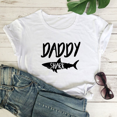 T shirt Couple Daddy Shark Blanc - MatchingMood