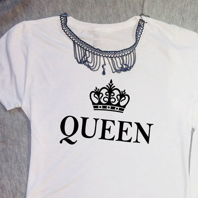 T Shirt Couple Royauté Queen Blanc