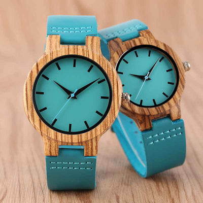 Montre Couple Bracelet en Cuir Bleu Boitier bois - MatchingMood
