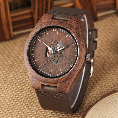 Montre Couple Bois Bracelet en Cuir Véritable Homme