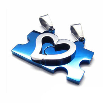 Collier Couple Puzzle Coeur Bleu