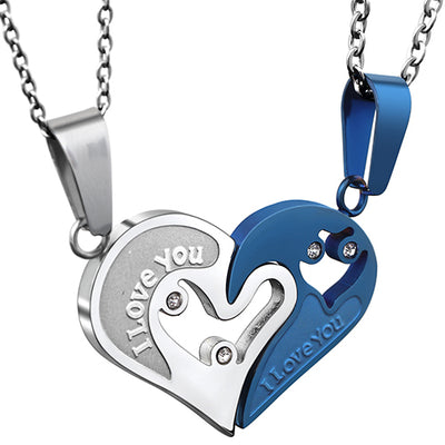 Collier Coeur Couple Cristaux Argent Bleu