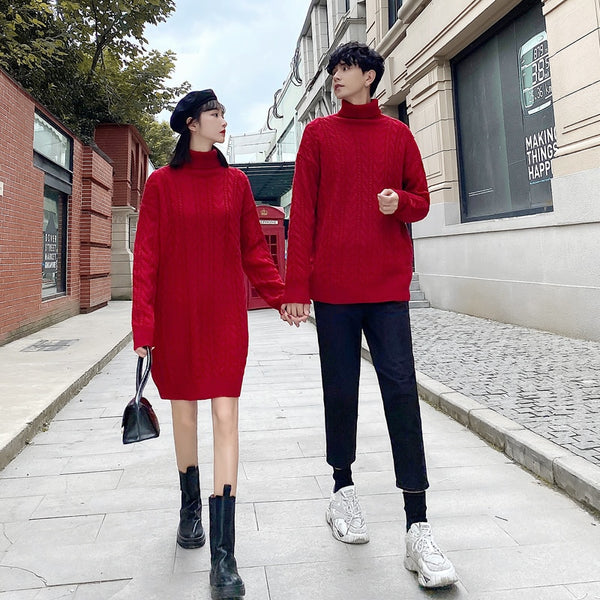 Pull Couple Col Roulé Rouge