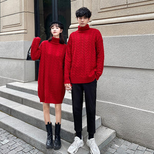 Pull Couple Col Roulé Rouge