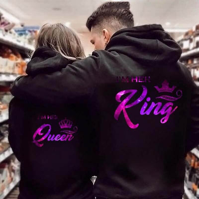 Sweat Couple A Capuche Her King His Queen - Modèle 1
