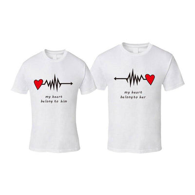 T-Shirt Couple Heartbeat blanc